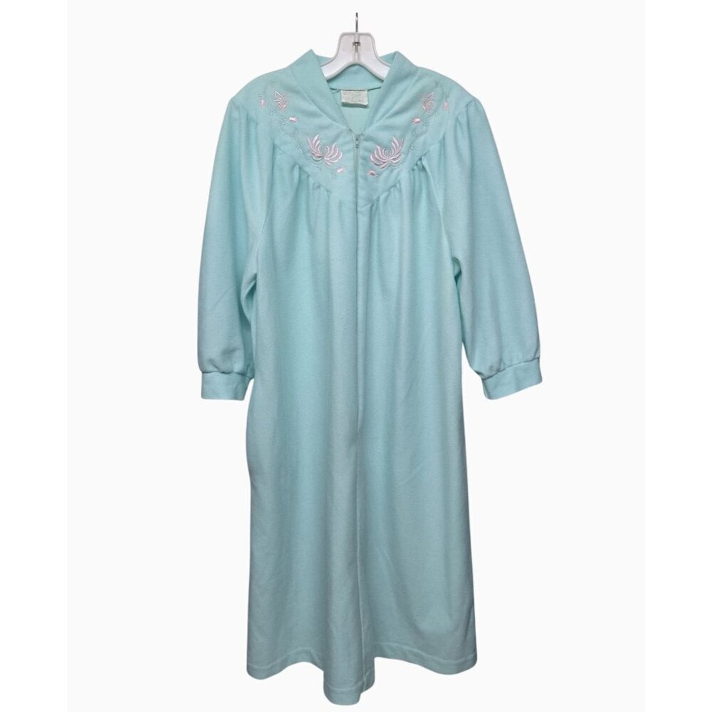 Vintage 1980s Fleece Nightgown Light Green w Pink Floral Embroidered Grannycore
